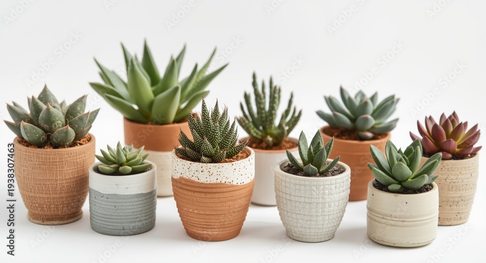Fototapeta premium Assorted succulents arranged in ceramic pots on a clean white backdrop bringing natural charm to interiors