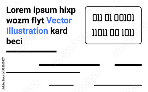 Binary code inside a rectangular frame above sample text and varied line elements. Ideal for technology, communication, software, website design, education, presentations, training materials. Landing