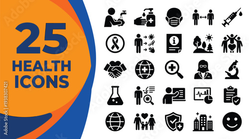 A collection of twenty-five health and medical icons are shown on.