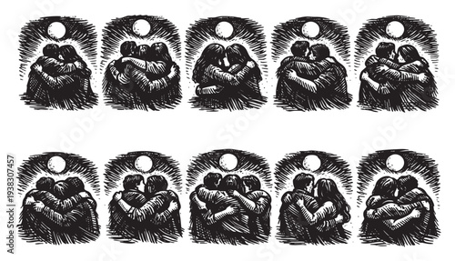 Black and white illustration features several groups of people hugging under the moonlight, conveying togetherness, love, and support with a rustic, vintage feel.