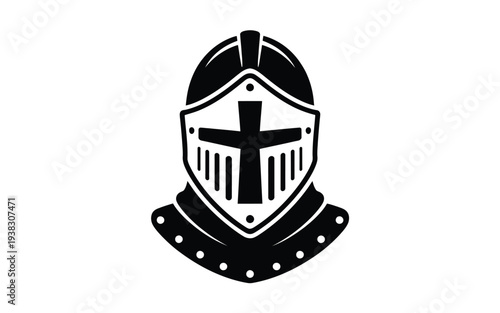 Medieval knight helmet with cross symbol on white shield black and white illustration historical armor design