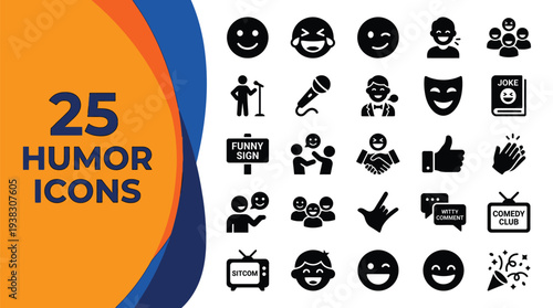 Twenty-five black icons represent various elements of digital humor.
