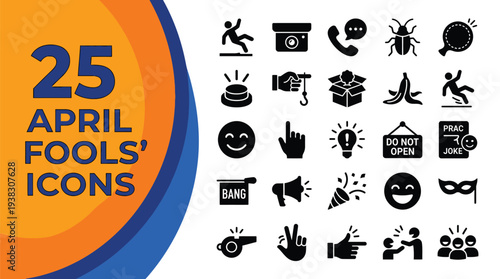 Twenty-five icons illustrating April Fools' Day pranks and humorous.