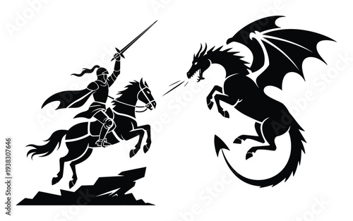 Knight on horseback battling a dragon medieval combat scene black silhouette illustration mythical creature heroic warrior sword fight fantasy artwork
