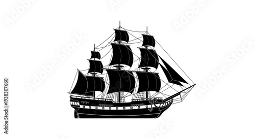 Vintage Black and White Ship Illustration.