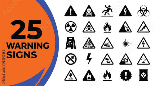 Twenty-five universal warning signs and hazard symbols are displayed.