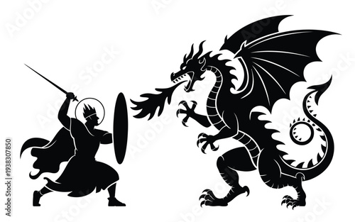 Courageous warrior in dynamic pose battling a fierce dragon with sword and shield in a dramatic black silhouette illustration