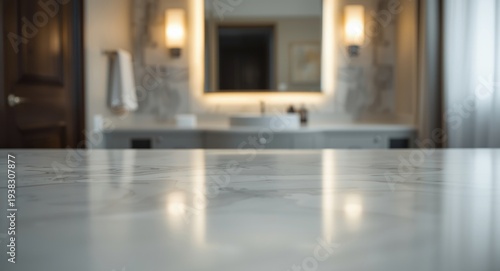 Detailed close up of a sleek white tabletop with empty space and a softly blurred luxury bathroom scene