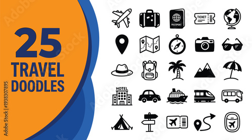 Travel doodles icons represent various vacation and journey elements.