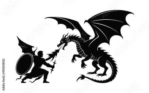 Silhouette of a brave knight battling a fierce dragon with sword and shield in a mythical combat scene