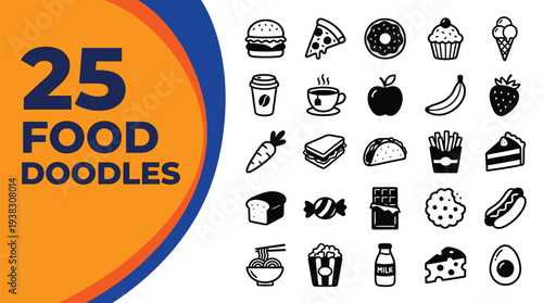 Twenty-five food doodle icons are presented on a white background.