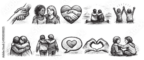 A collection of diverse line art illustrations depicts scenes of friendship, love, and connection, including handshakes, hugs, and gestures of affection, conveying warmth and unity.