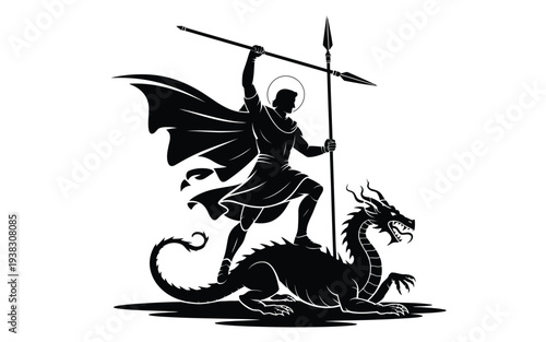 Saint standing victorious on dragon with spear raised high in dramatic black and white illustration