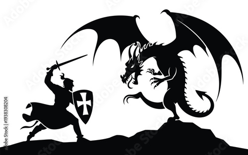 Medieval knight on horseback fights dragon with sword and shield featuring white cross against white background
