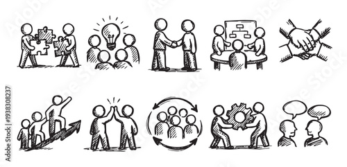 Hand drawn icons illustrate teamwork, communication, and collaboration, showing figures working together on puzzles, ideas, climbing, and meetings, suitable for business concepts.