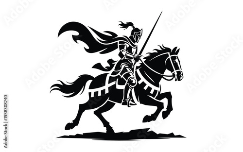 Medieval knight riding horse into battle with flowing cloak and raised sword black silhouette illustration on white background