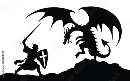 Medieval knight fighting dragon on cliff with sword and shield featuring cross symbol in black and white illustration