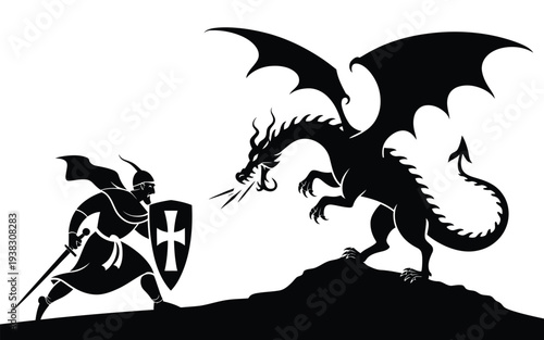 Medieval knight in armor facing a large dragon on a rocky outcrop black silhouette illustration with white cross shield