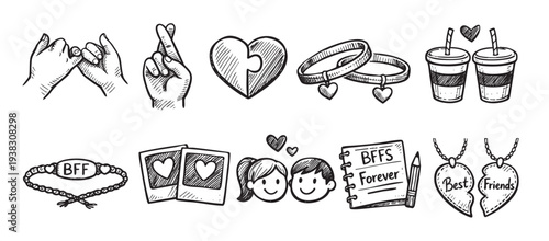 Black and white doodle illustration depicting best friends forever relationships, including hand gestures, matching accessories, and shared activities and memories.