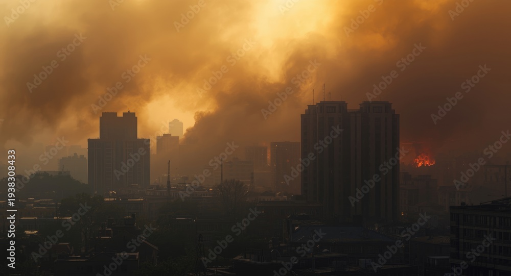 Fototapeta premium Buildings engulfed in heavy air pollution and toxic smoke layers