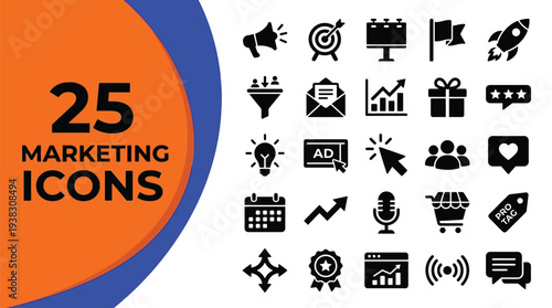 Marketing icons set displays digital advertising and business growth.