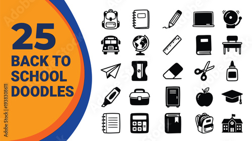 Twenty-five back to school doodle icons illustrate various.