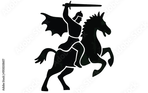 Medieval knight on horseback with sword and cape silhouette illustration dynamic pose white background vector graphic