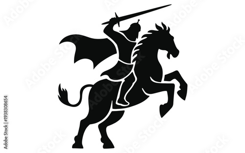 Medieval knight on horseback with sword and cape dynamic silhouette black and white illustration equestrian warrior historical figure vector graphic