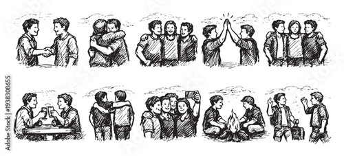 Hand-drawn sketches depict friends sharing moments like hugging, high-fiving, taking selfies, camping, and toasting drinks, conveying togetherness and camaraderie. Could be used for social themes.
