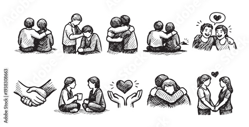 A sketched set of illustrations shows friendship, love, and support between people, created with hatched lines in a monochrome palette, ideal for social themes.