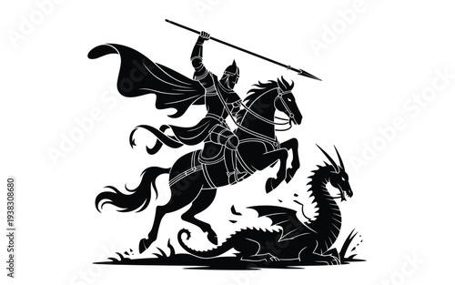 Knight on horseback fighting dragon medieval combat scene black and white illustration dynamic action mythical creature heroic warrior