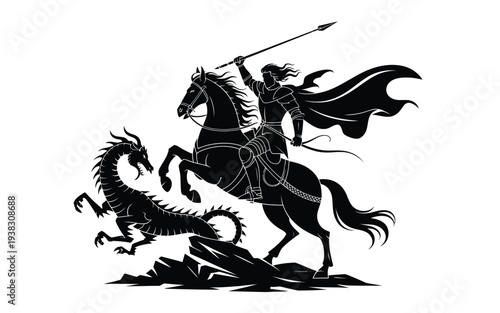 Black and white illustration of knight on horseback battling dragon medieval combat scene mythical creature fight heroic warrior fantasy artwork