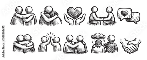 Hand-drawn illustrations show various forms of human support: hugging, holding hands, love, empathy, communication. A clean, graphic representation of togetherness and emotional well-being.