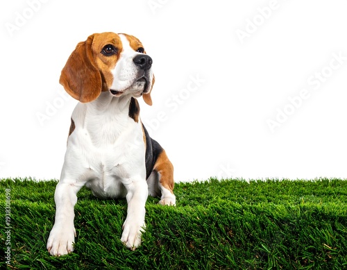 Tri-color Beagle sits alertly on bright green grass against a crisp white background