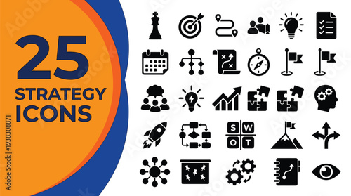 Twenty-five strategy icons illustrate planning and execution concepts.