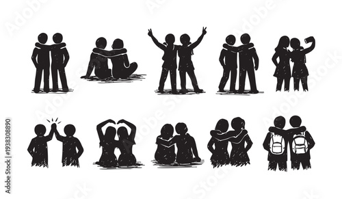 This illustration features diverse friendship gestures in black silhouette, showcasing hugging, high-fiving, making hearts, and taking selfies, ideal for concepts like connection, community.
