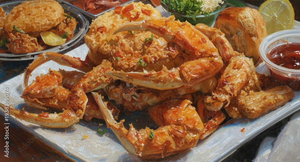 Fototapeta premium Detailed oil artwork showing crispy fried crab claws alongside mixed fried seafood dishes