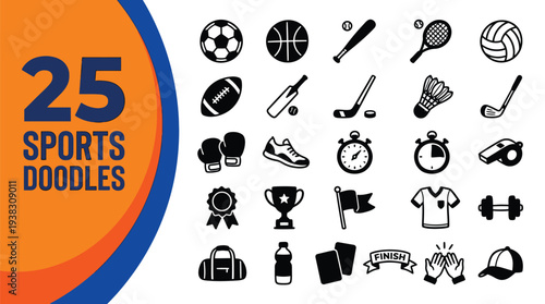 Twenty-five sports doodles depict various athletic gear.