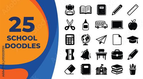 Twenty-five school doodles include educational supplies and learning.