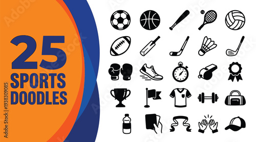 Twenty-five sports doodles feature various athletic equipment.