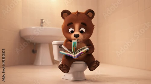Cartoon bear reading book on toilet in bathroom for child animation and educational concept featuring toilet training and potty learning