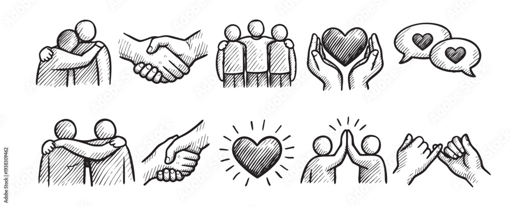 Obraz premium Hand-drawn vector illustration features friendship and love symbols like hugging, handshake, heart, High Five, Pinky Promise, ideal for social media and design projects.
