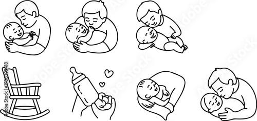 Collection of line art illustrations featuring parents cuddling babies and baby care items