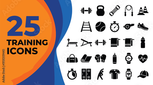 A set of twenty-five training and fitness activity icons are.