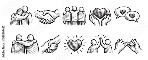 Hand-drawn vector illustration features friendship and love symbols like hugging, handshake, heart, High Five, Pinky Promise, ideal for social media and design projects.