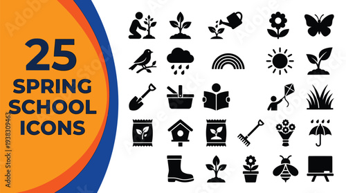 Spring season and school activity icons show outdoor learning.