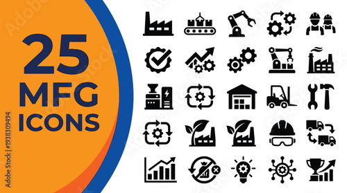 Manufacturing process icons illustrating factory automation.
