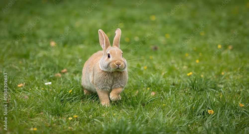 Obraz premium Delighted pet rabbit hopping actively on vibrant grass lawn with full length summer background