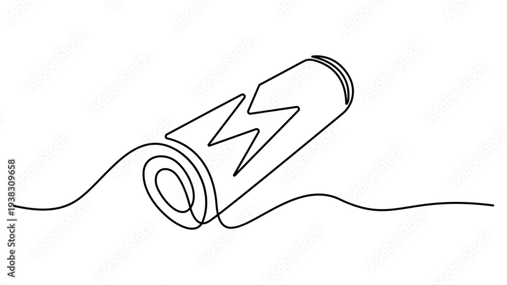 Obraz premium Charging battery icon continuous one line drawing with lightning bolt on white background. Continuous one line drawing of battery charging vector illustration