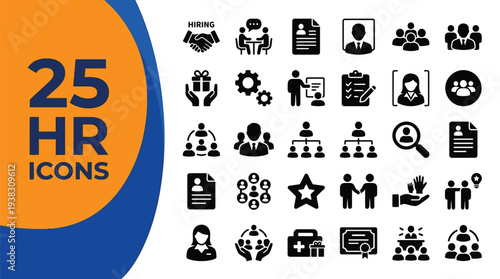 Twenty-five human resources icons signify hiring, teamwork,.